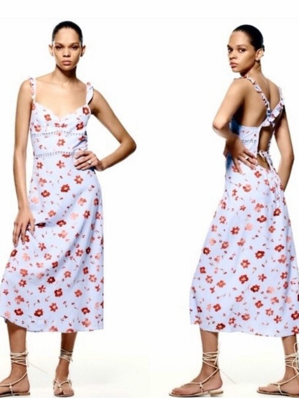 Zara Light Blue Midi Dress with Red Floral Print